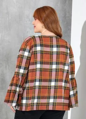 Marguerite - Cardigan Xadrez com Mangas Sino Plus Size - MARGUERITE