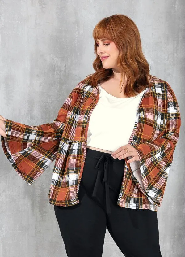 Marguerite - Cardigan Xadrez com Mangas Sino Plus Size