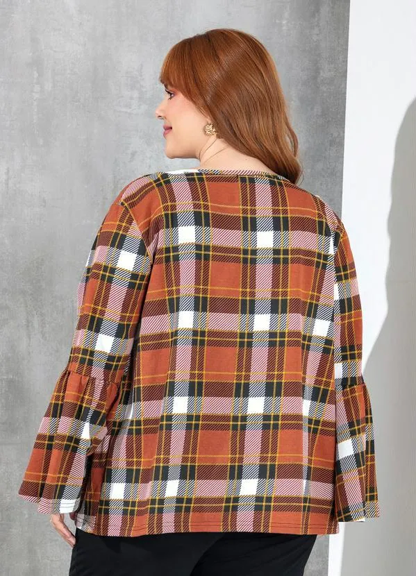 Marguerite - Cardigan Xadrez com Mangas Sino Plus Size 3