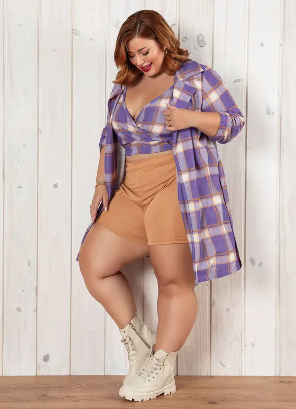 Marguerite - Cardigan Xadrez Lilás com Faixa Grátis Plus Size 5