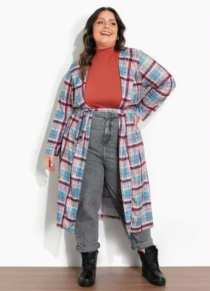 Marguerite - Cardigan Xadrez Marrom Faixa Grátis Plus Size - MARGUERITE