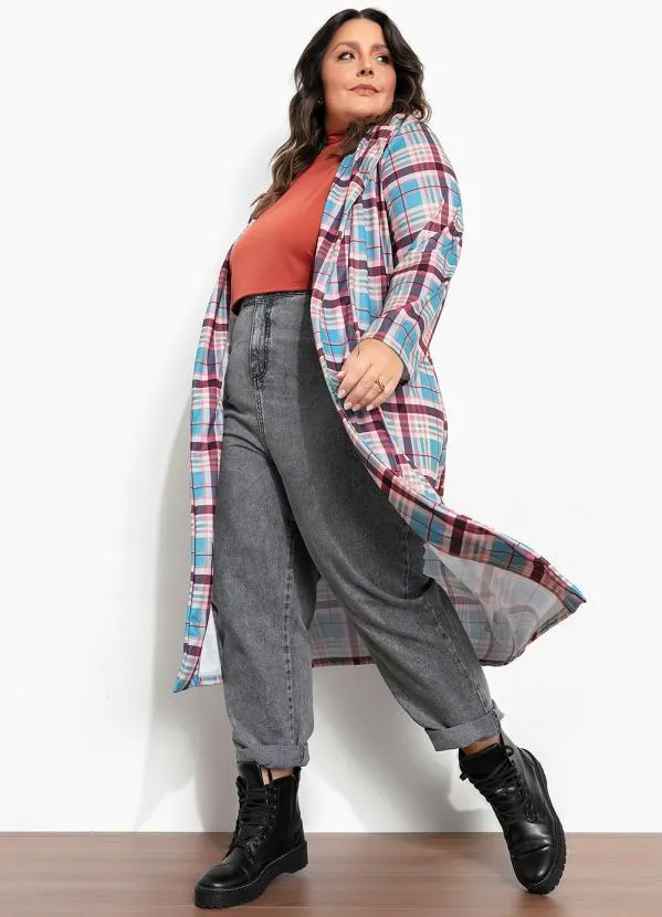 Marguerite - Cardigan Xadrez Marrom Faixa Grátis Plus Size