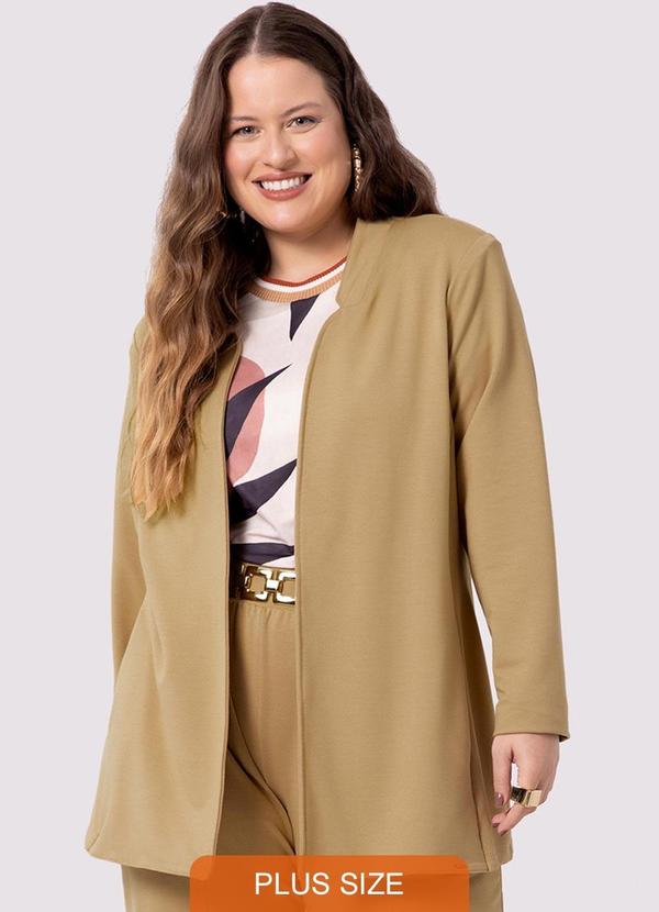 Lunender Mais Mulher - Casaco Alongado Plus Size em Moletom Denim Bege