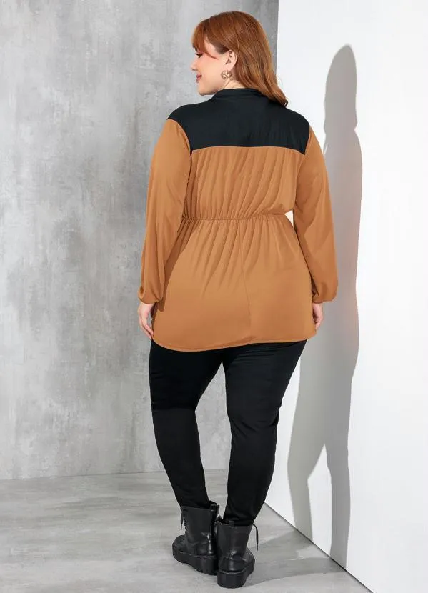 Marguerite - Casaco Marrom Acinturado com Recorte Plus Size 1