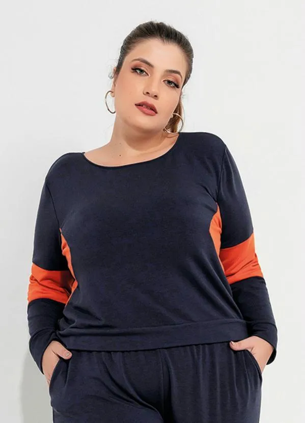 Queima Estoque - Casaco Plus Size Marinho/Laranja com Recorte