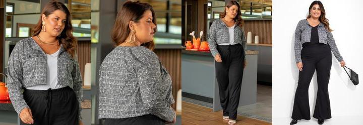 Casaco Xadrez Tweed Cinza em Malha de Polister