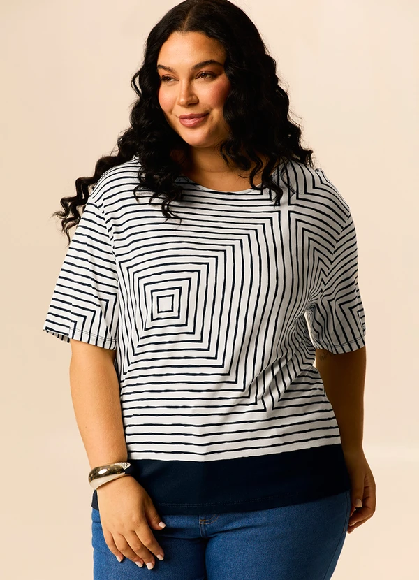 Malwee - Blusa Box Geométrica em Viscose Azul Marinho