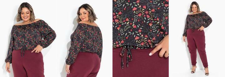 Blusa Ciganinha Floral Preta Plus Size