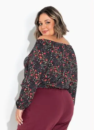 Marguerite - Blusa Ciganinha Floral Preta Plus Size - MARGUERITE