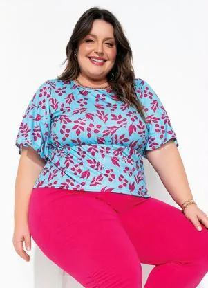 Marguerite - Blusa Folhas Azul com Recorte Vazado Plus Size - MARGUERITE