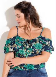 Blusa Ombros Vazados Floral Azul Plus Size