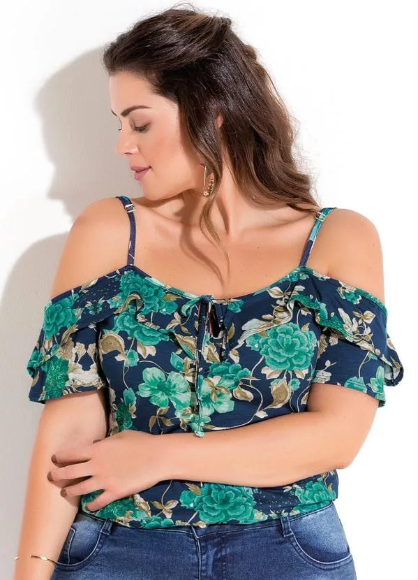 Quintess - Blusa Ombros Vazados Floral Azul Plus Size