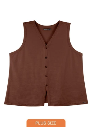 Outlet - Colete Canelado com Botões Plus Size Marrom - OUTLET