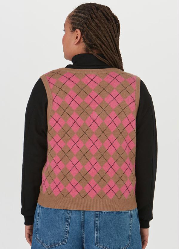 Malwee Plus - Colete de Tricô Xadrez Plus Size Feminino Rosa 2
