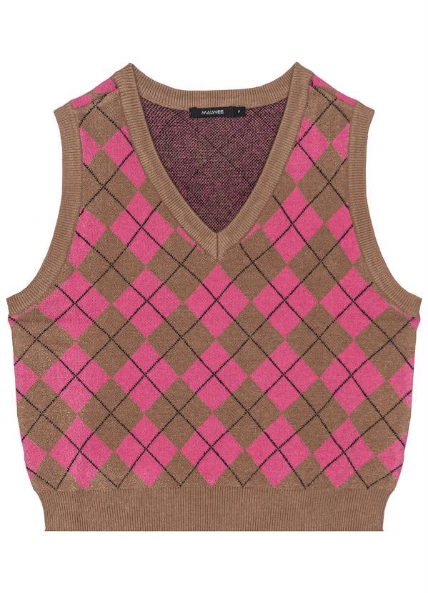 Malwee Plus - Colete de Tricô Xadrez Plus Size Feminino Rosa 5