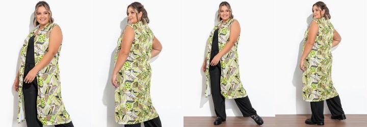 Colete Mix Verde Alongado com Gola Plus Size