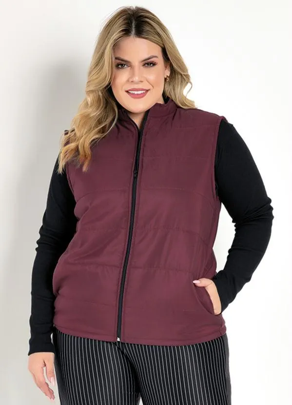 Marguerite - Colete Puffer Bordô com Zíper Plus Size