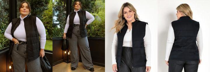 Colete Puffer Preto com Zper Plus Size
