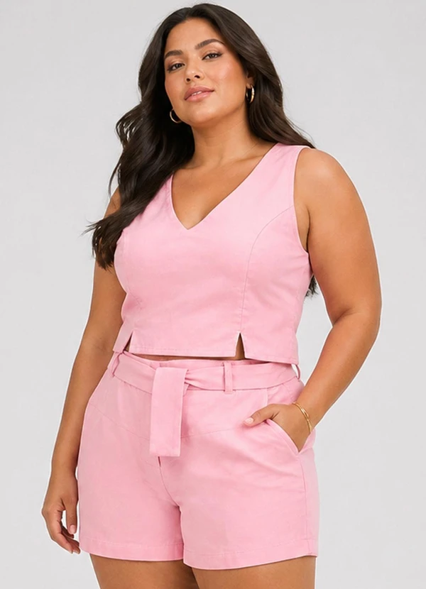 Rovitex - Conjunto Feminino Plus Size Linho Rosa