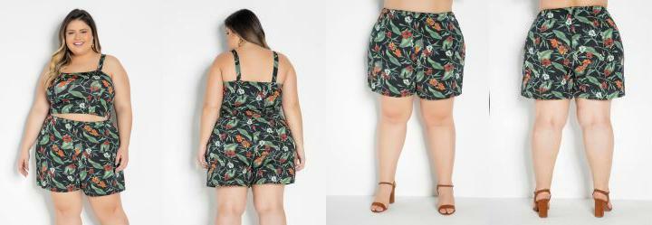 Conjunto Floral com Cropped e Short Plus Size