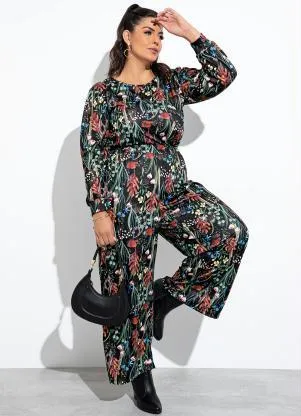 Marguerite - Conjunto Floral Preta em Jersey Acetinado - MARGUERITE