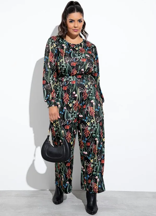 Marguerite - Conjunto Floral Preta em Jersey Acetinado 2