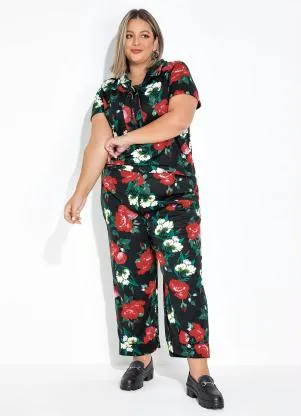 Marguerite - Conjunto Floral Preto Camisa e Calça Plus Size - MARGUERITE