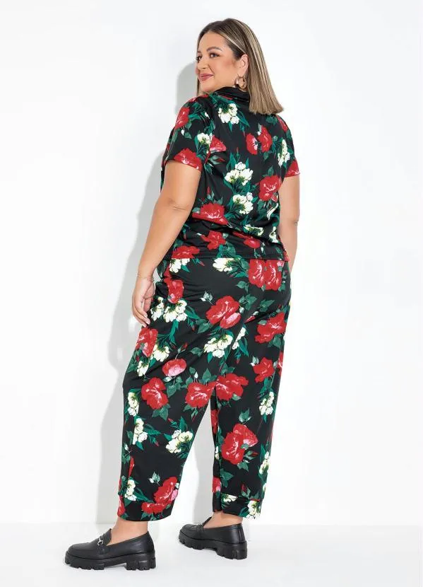 Marguerite - Conjunto Floral Preto Camisa e Calça Plus Size 2