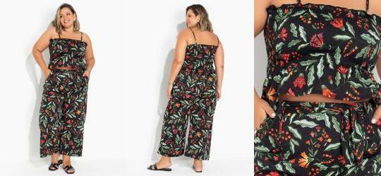 Conjunto Floral Preto com Top e Cala Plus Size