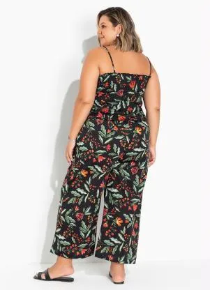 Marguerite - Conjunto Floral Preto com Top e Calça Plus Size - MARGUERITE