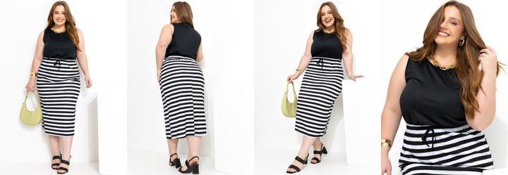 Conjunto Listrado Preto e Branco Blusa e Saia