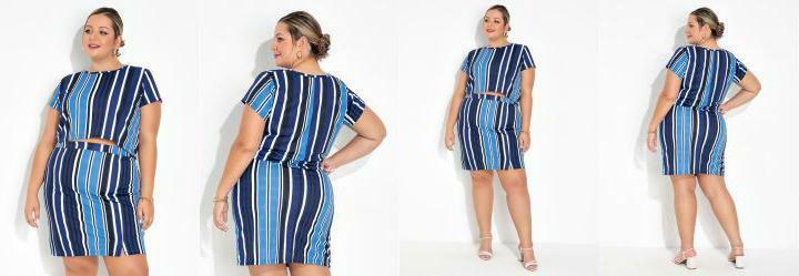 Conjunto Listras Azul Blusa e Saia Plus Size