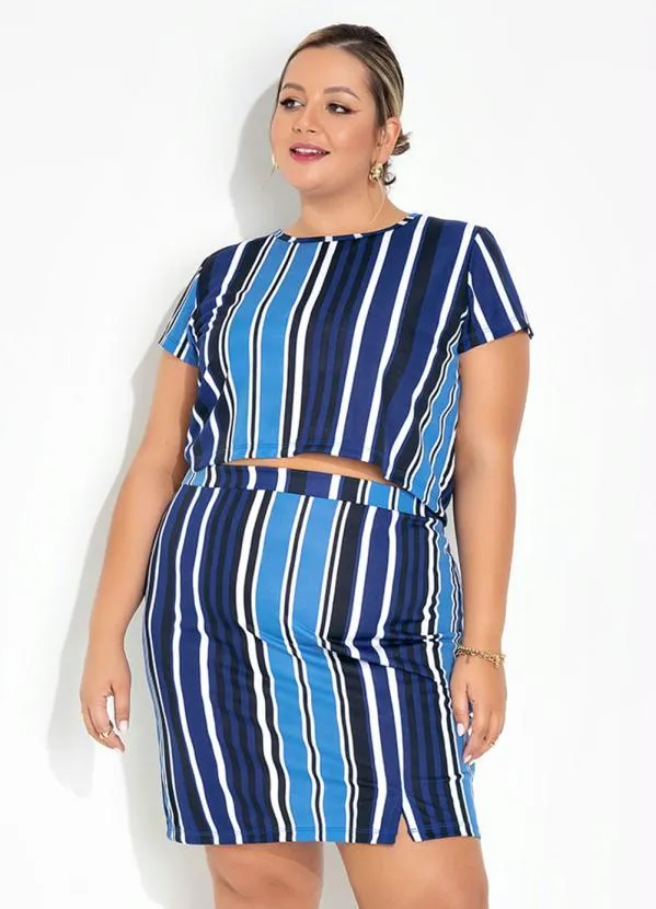 Marguerite - Conjunto Listras Azul Blusa e Saia Plus Size
