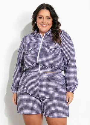 Marguerite - Conjunto Xadrez Roxo com Lapelas Plus Size - MARGUERITE