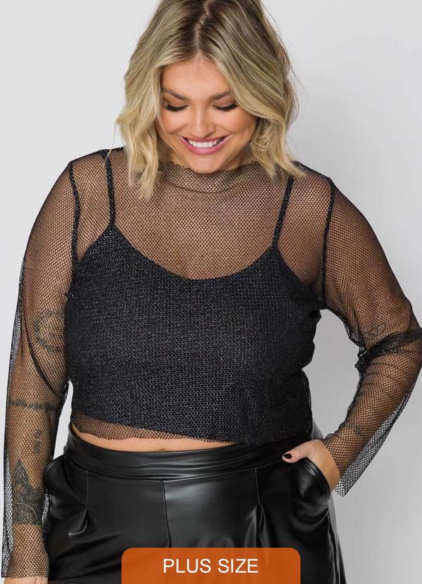 Cess - Blusa Cropped Plus Size em Tela Bela Preto