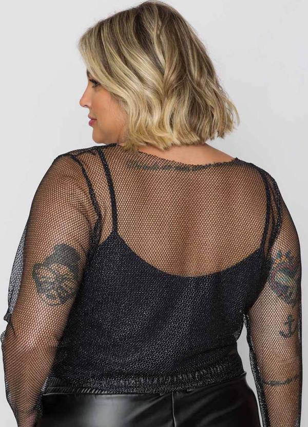 Cess - Blusa Cropped Plus Size em Tela Bela Preto 3