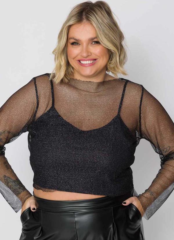 Cess - Blusa Cropped Plus Size em Tela Bela Preto 2