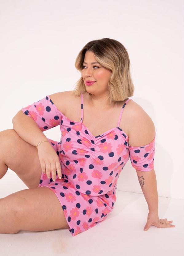 Outlet - Blusa Floral Rosa com Franzido Plus Size