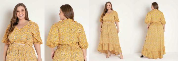 Cropped Floral Amarelo com Frufru Plus Size