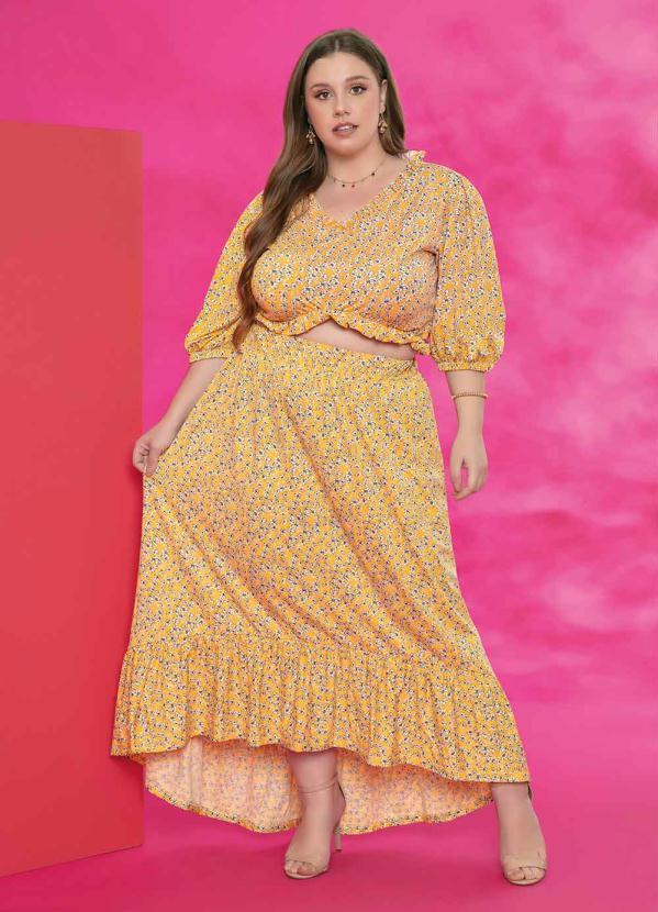 Marguerite - Cropped Floral Amarelo com Frufru Plus Size 1