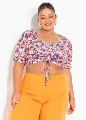 Marguerite - Cropped Floral Salmão com Amarração Plus Size - MARGUERITE