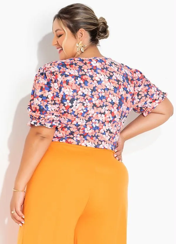 Marguerite - Cropped Floral Salmão com Amarração Plus Size 2