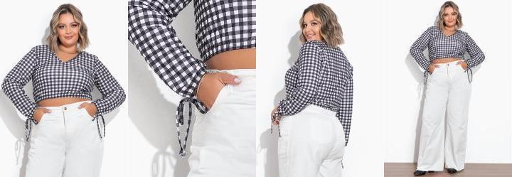 Cropped Xadrez Preto com Amarrao Plus Size