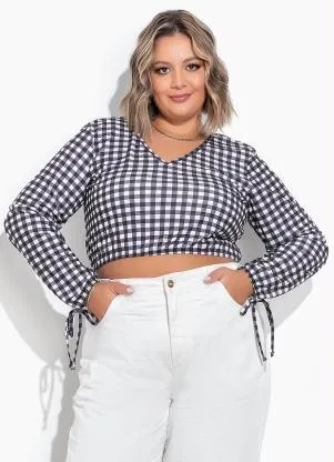 Marguerite - Cropped Xadrez Preto com Amarração Plus Size - MARGUERITE