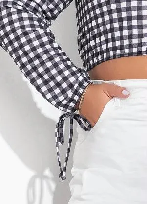 Marguerite - Cropped Xadrez Preto com Amarração Plus Size - MARGUERITE