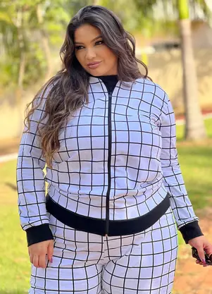 Marguerite - Jaqueta Bomber Xadrez Branco com Zíper Plus Size - MARGUERITE