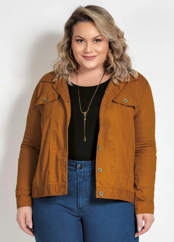 Marguerite - Jaqueta Caramelo Plus Size com Bolso Decorativo