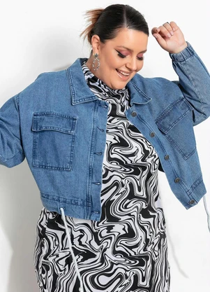 Marguerite - Jaqueta Cropped Jeans Barra Ajustável Plus Size - MARGUERITE