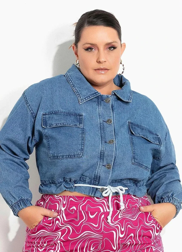 Marguerite - Jaqueta Cropped Jeans Barra Ajustável Plus Size 10