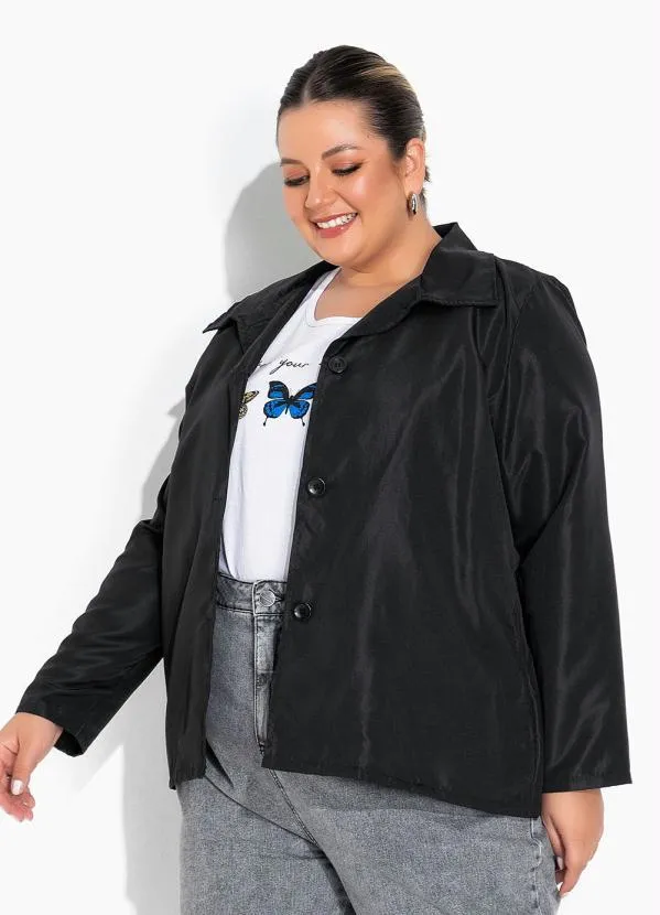 Marguerite - Jaqueta Preta com Bolsos e Botões Plus Size